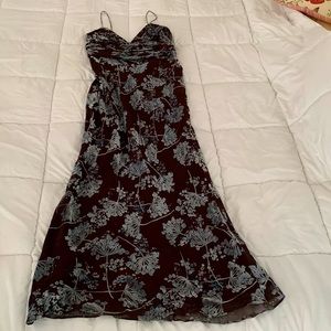 Rayon Silk Blend Long Dress, Brown w Blue-Silver Velvet Burnout Overlay, Phoebe